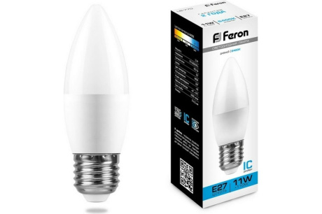Купить Лампа светодиодная FERON LB-770 11W 230V E27 C35 свеча 6400K 955lm 37*111mm 25945 фото №1